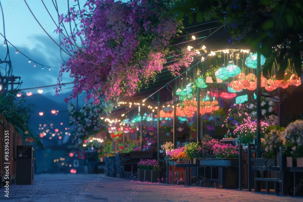 Naklejka premium A Charming Flower Festival With Flower Arrangements, Lively Market Stalls, And Soft, Warm Lighting Enhancing The Cozy Vibe, Generative AI