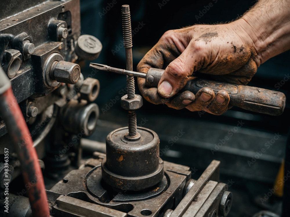 Close-up of an oil-stained hand holding a screwdriver, adjusting a screw in a complex machine. Close-up of an oil-stained hand holding a screwdriver, adjusting a screw in a complex machine.