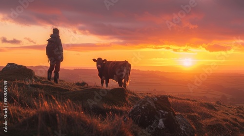 A person stands with a cow at sunset, enjoying the peaceful landscape and warm colors of the evening sky. Nature brings calm moments.