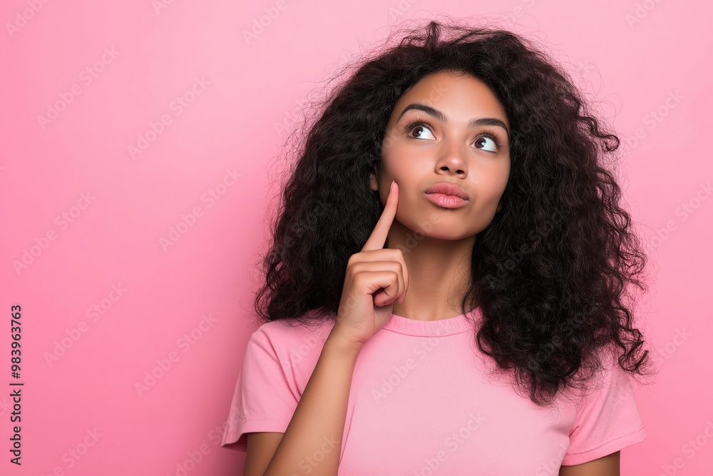 A woman with curly hair is looking up at the camera with a puzzled expression. She is wearing a pink shirt and she is deep in thought A woman with curly hair is looking up at the camera with a puzzled expression. She is wearing a pink shirt and she is deep in thought