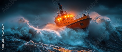 A brave rescue boat battles towering waves during a storm, showcasing the power and resilience of sea operations at night.