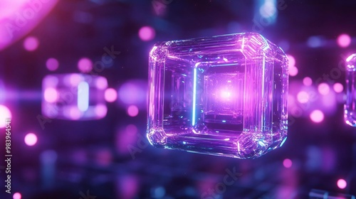 Abstract glowing cube with vibrant purple and blue hues, perfect for tech, digital art, and futuristic themes.