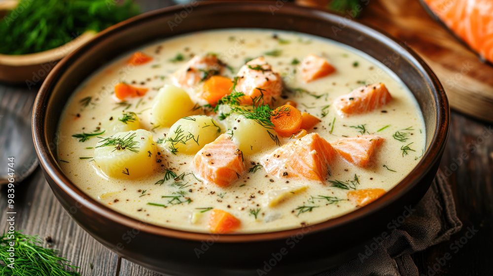 Delicious creamy salmon soup with potatoes, carrot, dill on dark background with ingredients. Finnish Lohikeitto Scandinavian Norwegian fish soup in bowl. Restaurant menu, recipe. Side view, close up Delicious creamy salmon soup with potatoes, carrot, dill on dark background with ingredients. Finnish Lohikeitto Scandinavian Norwegian fish soup in bowl. Restaurant menu, recipe. Side view, close up