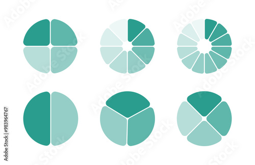Circle division infographic icon set. Pie chart divided 2, 3, 4, 8, 12 equal parts. Infographic wheel segment and fraction. Vector illustration isolated on white background.