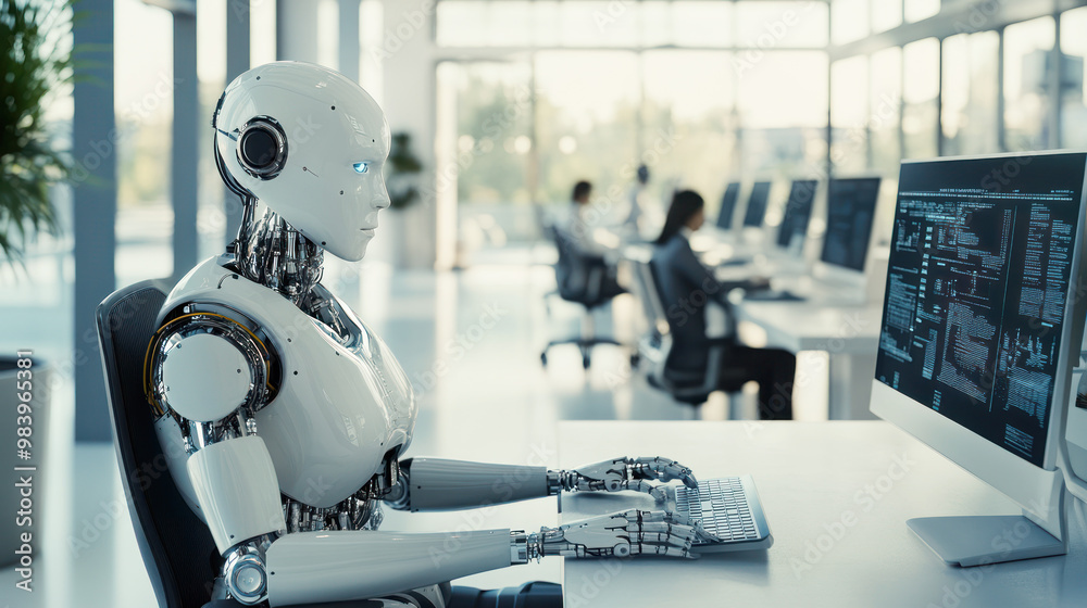 Artificial intelligence robots working at computer in a modern office, data center. People and artificial intelligence futuristic robot working together in office. AI assistant business helper concept Artificial intelligence robots working at computer in a modern office, data center. People and artificial intelligence futuristic robot working together in office. AI assistant business helper concept