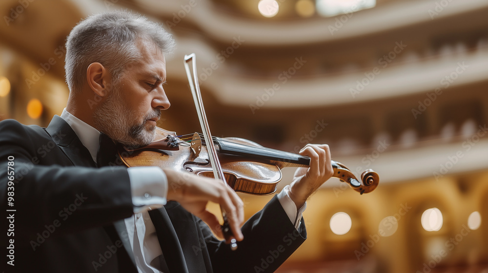 Fototapeta premium close-up of a man skillfully playing a violin, his face reflecting deep emotion and focus, set against a soft background of an elegant concert hall, conveying the artistry of class