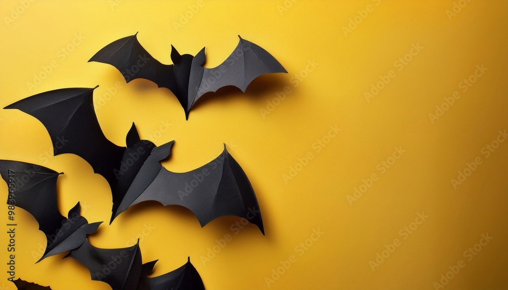 black cardboard bats on bright background with space for text, halloween concept