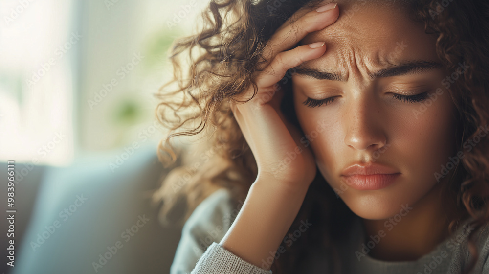 Obraz premium close-up of a young woman's face showing discomfort, with her hand resting on her forehead and a thermometer visible, set in a softly lit living room environment, emphasizing the s