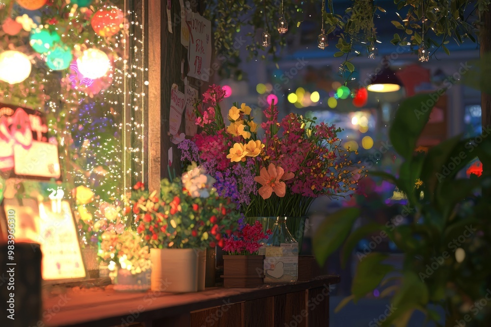 A Cozy Flower Festival Scene With Floral Arrangements, Friendly Stalls, And Warm, Ambient Lighting Setting A Relaxed Atmos, Generative AI A Cozy Flower Festival Scene With Floral Arrangements, Friendly Stalls, And Warm, Ambient Lighting Setting A Relaxed Atmos, Generative AI