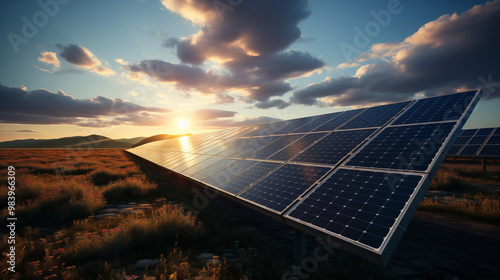 Wide-angle 3D graphic illustration of a solar panel field, with panels rendered in high detail and realistic shadows. 