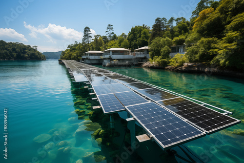 Floating solar panels on a calm lake, surrounded by lush greenery, showcasing an innovative approach to renewable energy generation on water surfaces 