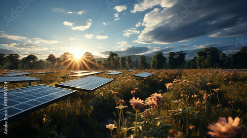 Wide-angle 3D graphic illustration of a solar panel field, with panels rendered in high detail and realistic shadows. 