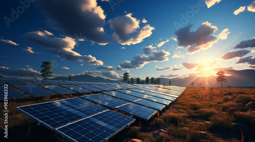 Wide-angle 3D graphic illustration of a solar panel field, with panels rendered in high detail and realistic shadows. 