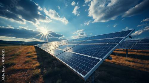 Wide-angle 3D graphic illustration of a solar panel field, with panels rendered in high detail and realistic shadows.