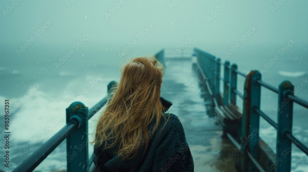 A woman gazes at the stormy sea from a pier. The gray sky looms overhead, creating a moody, reflective atmosphere. Waves crash below.