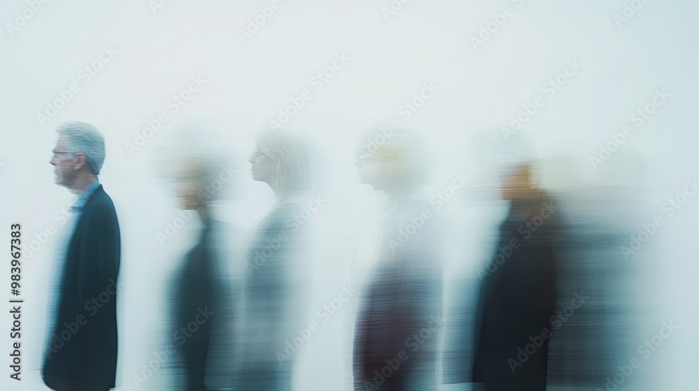 Group of focused colleagues collaborating intensely, facial expressions showing deep concentration, set against a minimalist white background with subtle Gaussian blur effect.