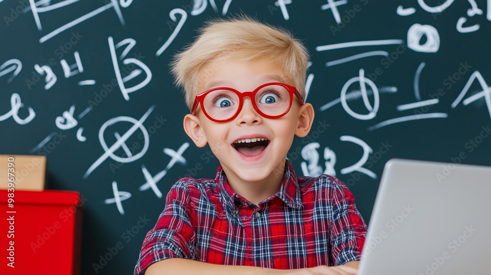 A young boy wearing glasses and a red shirt is sitting at a desk with a laptop. He is smiling and he is excited A young boy wearing glasses and a red shirt is sitting at a desk with a laptop. He is smiling and he is excited