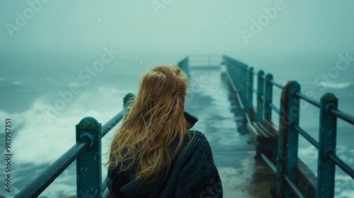 Obraz na płótnie A woman gazes at the stormy sea from a pier. The gray sky looms overhead, creating a moody, reflective atmosphere. Waves crash below. w salonie