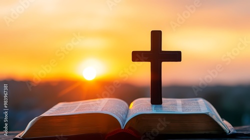Christian savior cross on the book of English bible at church during sunset, symbolizing faith