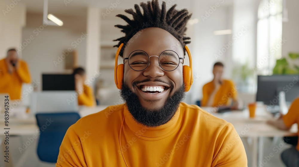A man with glasses and a beard is smiling and wearing headphones. He is in an office setting with other people around him A man with glasses and a beard is smiling and wearing headphones. He is in an office setting with other people around him