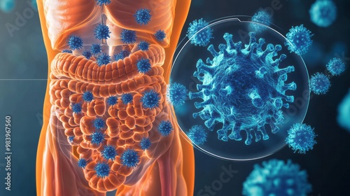 An intricate graphic illustrating the human digestive system with a focus on the interaction between gut health and viruses