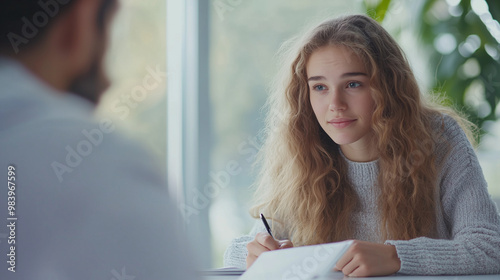 Free Download the moment of connection between a sad young woman and her psychologist, with the doctor’s attentive expression and a notepad in hand, conveying empathy and understanding in a tran - GFXLoad