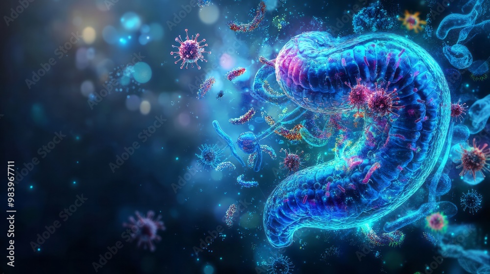 A vibrant digital illustration of cellular structures showcasing intricate details of microorganisms in a fluid environment, highlighting their biological significance A vibrant digital illustration of cellular structures showcasing intricate details of microorganisms in a fluid environment, highlighting their biological significance
