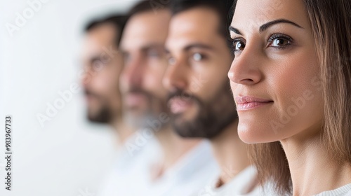 Group of focused colleagues collaborating intensely, facial expressions showing deep concentration, set against a minimalist white background with subtle Gaussian blur effect.