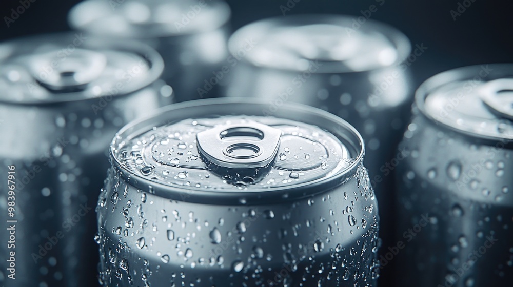 Several aluminum soda or sparkling water beverage cans stacked together, showing off their reflective surfaces and the condensation that comes with them. Several aluminum soda or sparkling water beverage cans stacked together, showing off their reflective surfaces and the condensation that comes with them.