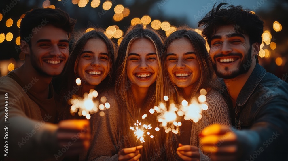 A joyful group of five friends celebrating together outdoors at night with sparklers, creating a magical atmosphere surrounded by twinkling lights A joyful group of five friends celebrating together outdoors at night with sparklers, creating a magical atmosphere surrounded by twinkling lights