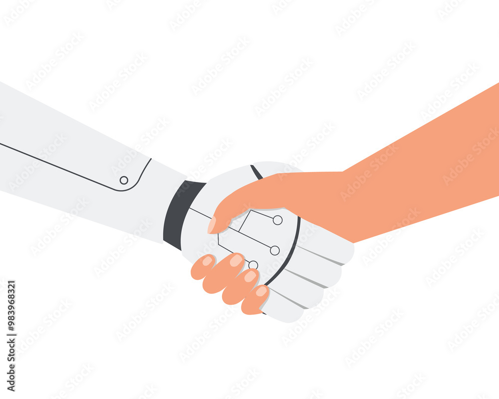 Handshake between two human and AI. Business industry robot factory concept. Handshake between two human and AI. Business industry robot factory concept.