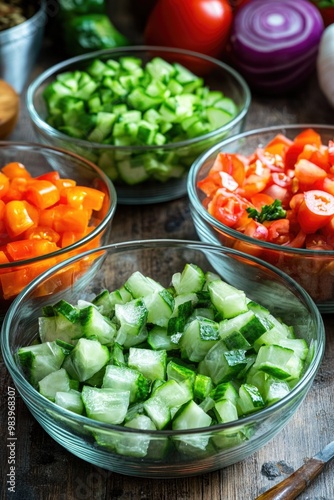 Fresh chopped vegetables: lettuce, cucumbers, tomatoes and peppers.