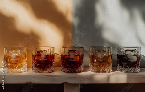 Close-up of five different whiskey with ice glasses on a shelf, with different colored background panels photo