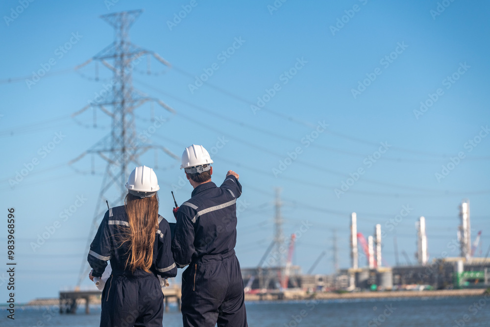 Engineers wearing safety gear, including hard hats examining survey blueprint , tablet industrial power structure and gas or oil refinery engaged in a job requires high safety standards concept Engineers wearing safety gear, including hard hats examining survey blueprint , tablet industrial power structure and gas or oil refinery engaged in a job requires high safety standards concept