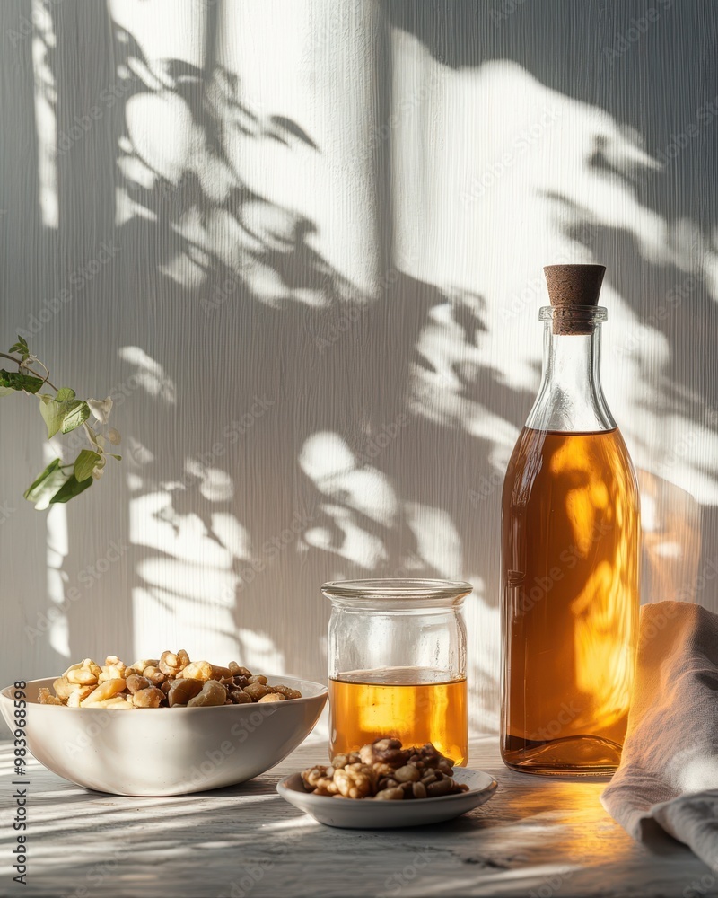 A serene arrangement featuring a bottle of amber liquid, a jar, and a bowl of nuts. A serene arrangement featuring a bottle of amber liquid, a jar, and a bowl of nuts.