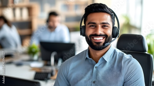 Indian male Customer Service Operator Wearing Headset.