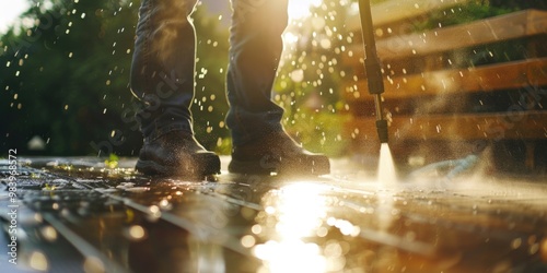 Rainy day city scene with splashes of water on pavement, focus on boots and lower legs in the rain. photo