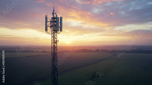 telecommunication tower with a base station receiver, connecting a rural area with high-speed