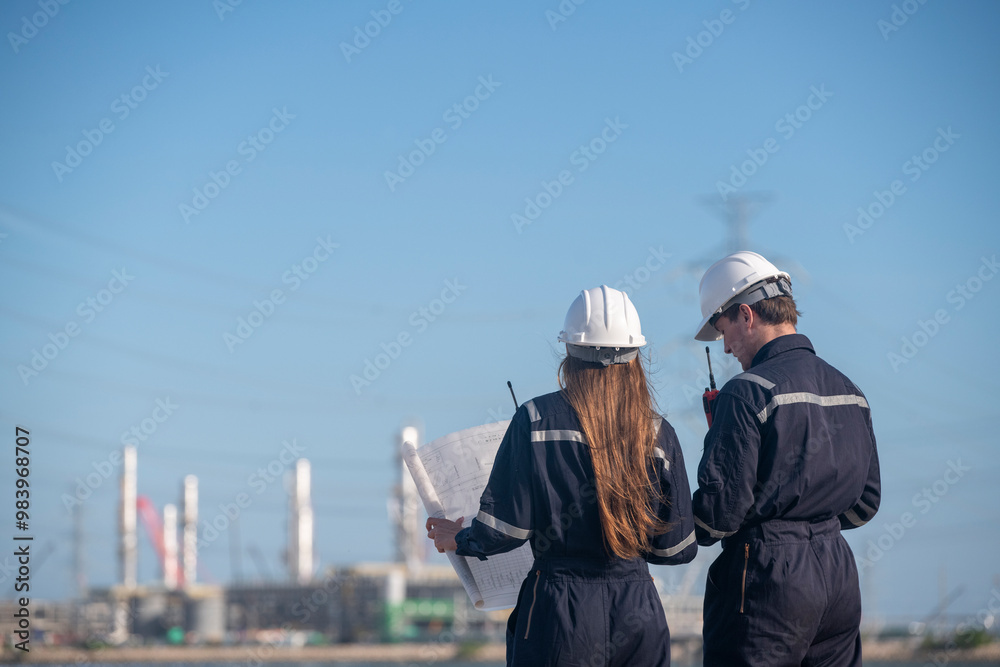 Engineers wearing safety gear, including hard hats examining survey blueprint , tablet industrial power structure and gas or oil refinery engaged in a job requires high safety standards concept Engineers wearing safety gear, including hard hats examining survey blueprint , tablet industrial power structure and gas or oil refinery engaged in a job requires high safety standards concept