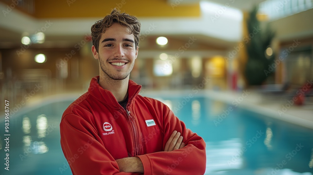 Fototapeta premium A smiling lifeguard in a red uniform stands confidently by a pool, ready to ensure safety for swimmers during a sunny afternoon shift at a local aquatic center