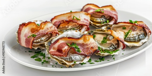 Decadent appetizer of bacon-wrapped oysters on a plate, garnished with a sour cream sauce and parsley. Delicious fusion cuisine.