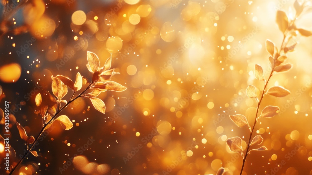 A warm golden bokeh effect with orange hues illuminating a tranquil evening setting, creating a mesmerizing atmosphere filled with light and warmth