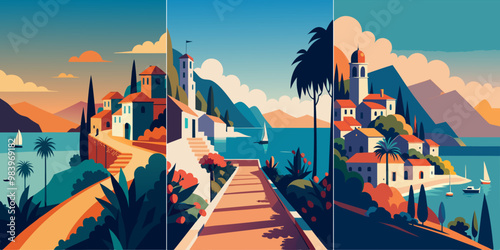 Spain island landscape. Tourism concept. Travel posters set.