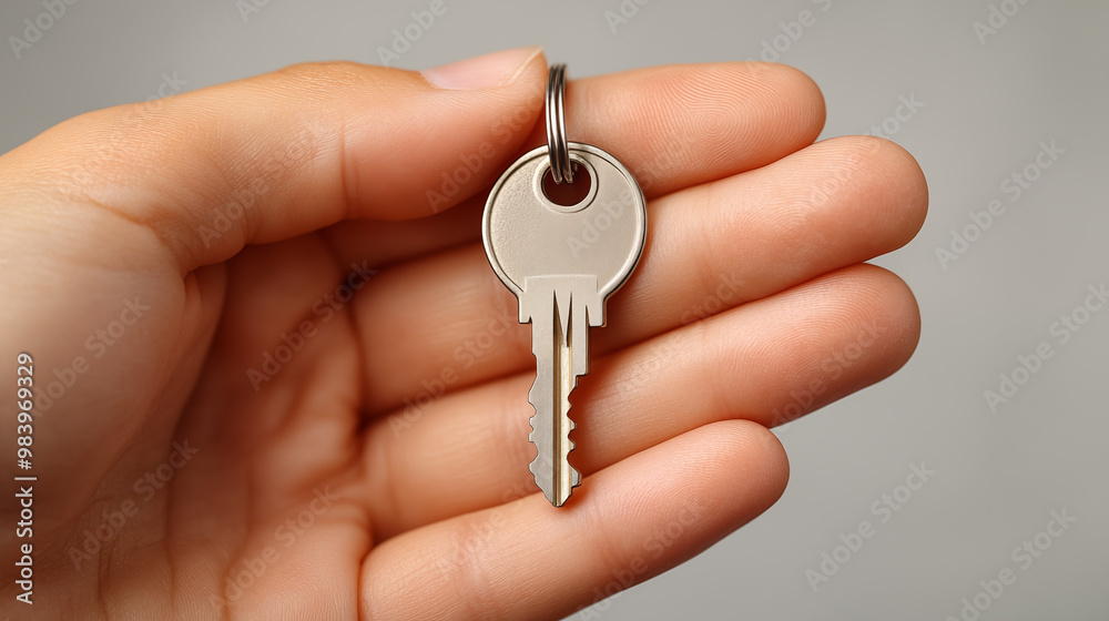 Female hand holding key on grey background, closeup. Mortgage concept Female hand holding key on grey background, closeup. Mortgage concept