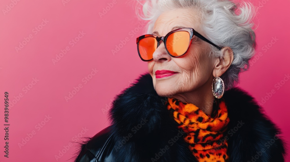 Portrait of an Elderly Woman with Grey Hair, Orange Sunglasses, and a Fur Collar Portrait of an Elderly Woman with Grey Hair, Orange Sunglasses, and a Fur Collar