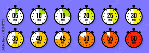 Stopwatch icons. Colorful simple chronometer, time counter with dial. Countdown timer showing hours and minutes. Deadline, measurement for sport. Cooking time label, sticker. Vector illustration