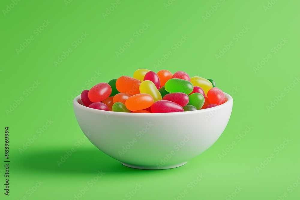 A bowl of colorful jelly beans against a green background A bowl of colorful jelly beans against a green background