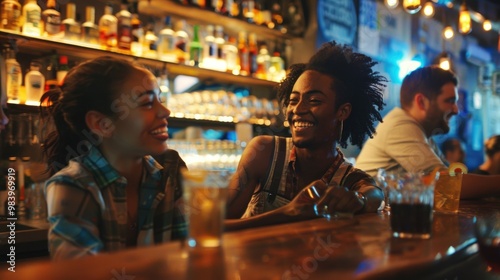 Two friends laugh and enjoy each other's company in a bar. A casual, fun atmosphere with beverages on the table.