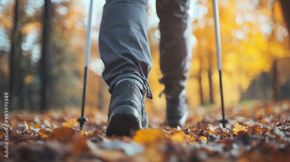 Close up of person of retirement age engaged in Nordic walking in the park, healthy lifestyle Close up of person of retirement age engaged in Nordic walking in the park, healthy lifestyle