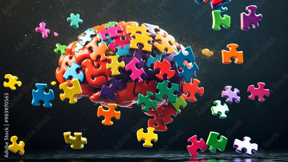 Colorful puzzle pieces forming and breaking apart human brain